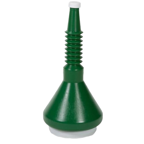 Green plastic funnel with ribbed spout and white caps for automotive fluids and lubricants under $50 collection