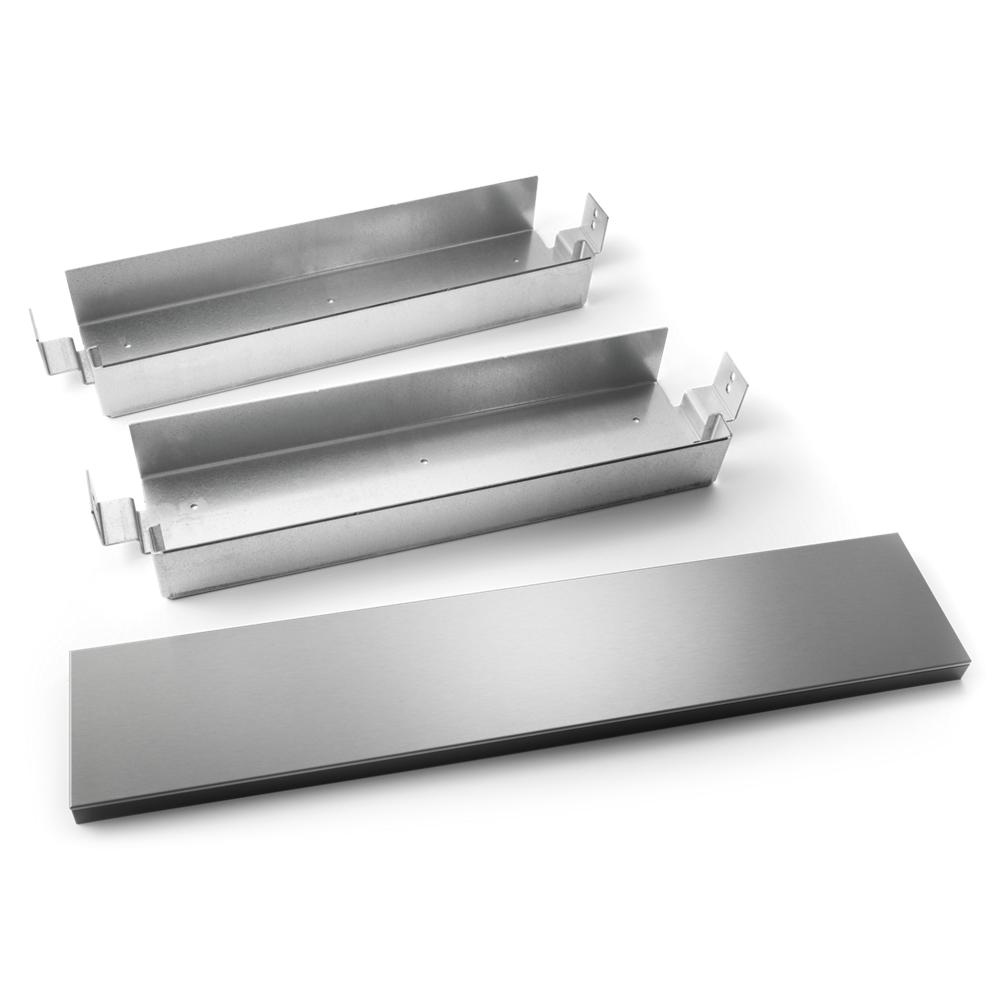 Set of three stainless steel mounting brackets and cover panel for kitchen wall oven installation and support