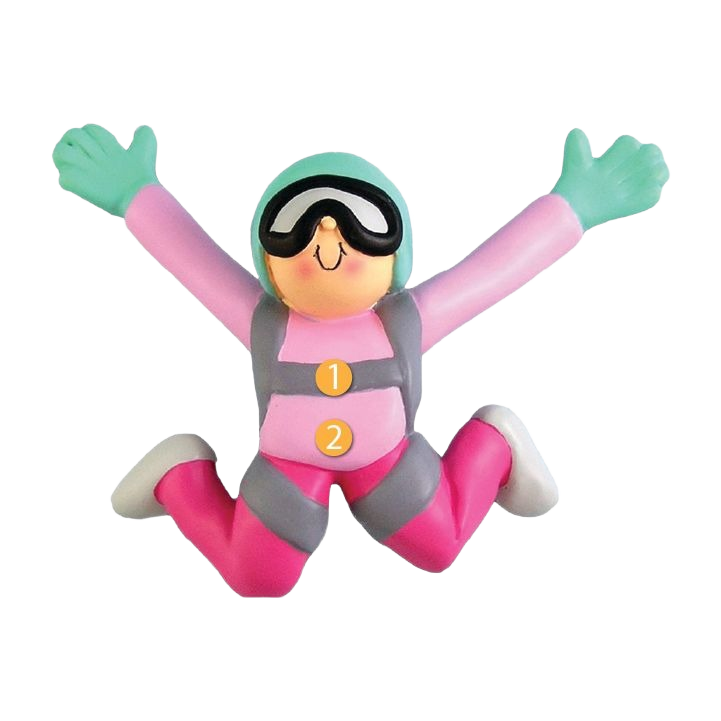 Pink and gray female skydiver ornament with teal gloves and goggles for Christmas tree decorations under $50 collection