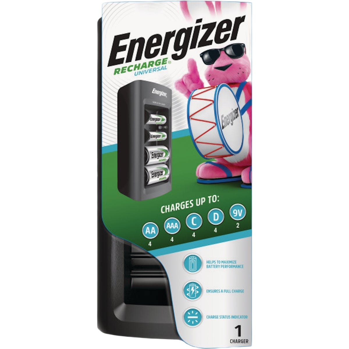 Battery charger with four rechargeable AA batteries displayed in packaging with cartoon pink bunny illustration