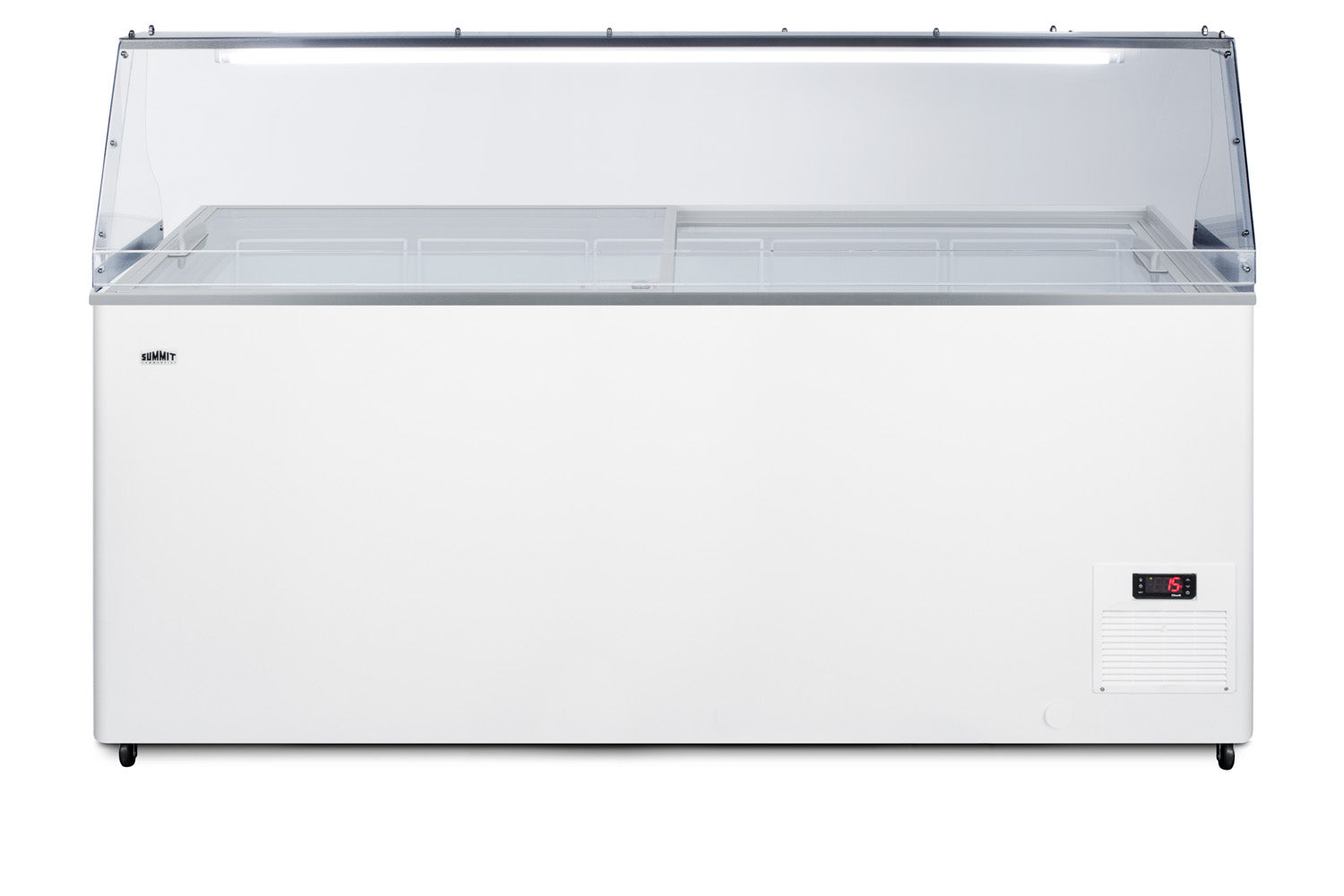 White commercial dipping cabinet with clear sneeze guard and digital temperature display in Freezers collection