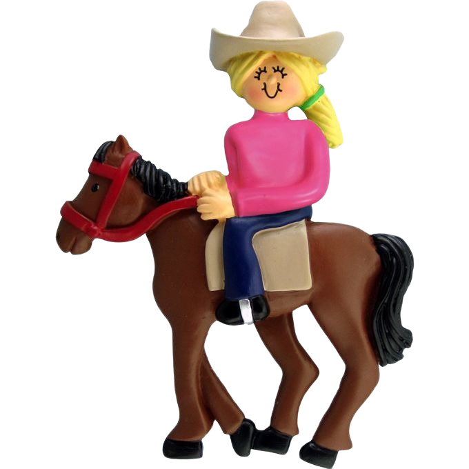 Blonde female rider in pink shirt and white hat on brown horse ornament for Christmas Ornaments & Tree Decorations under $50
