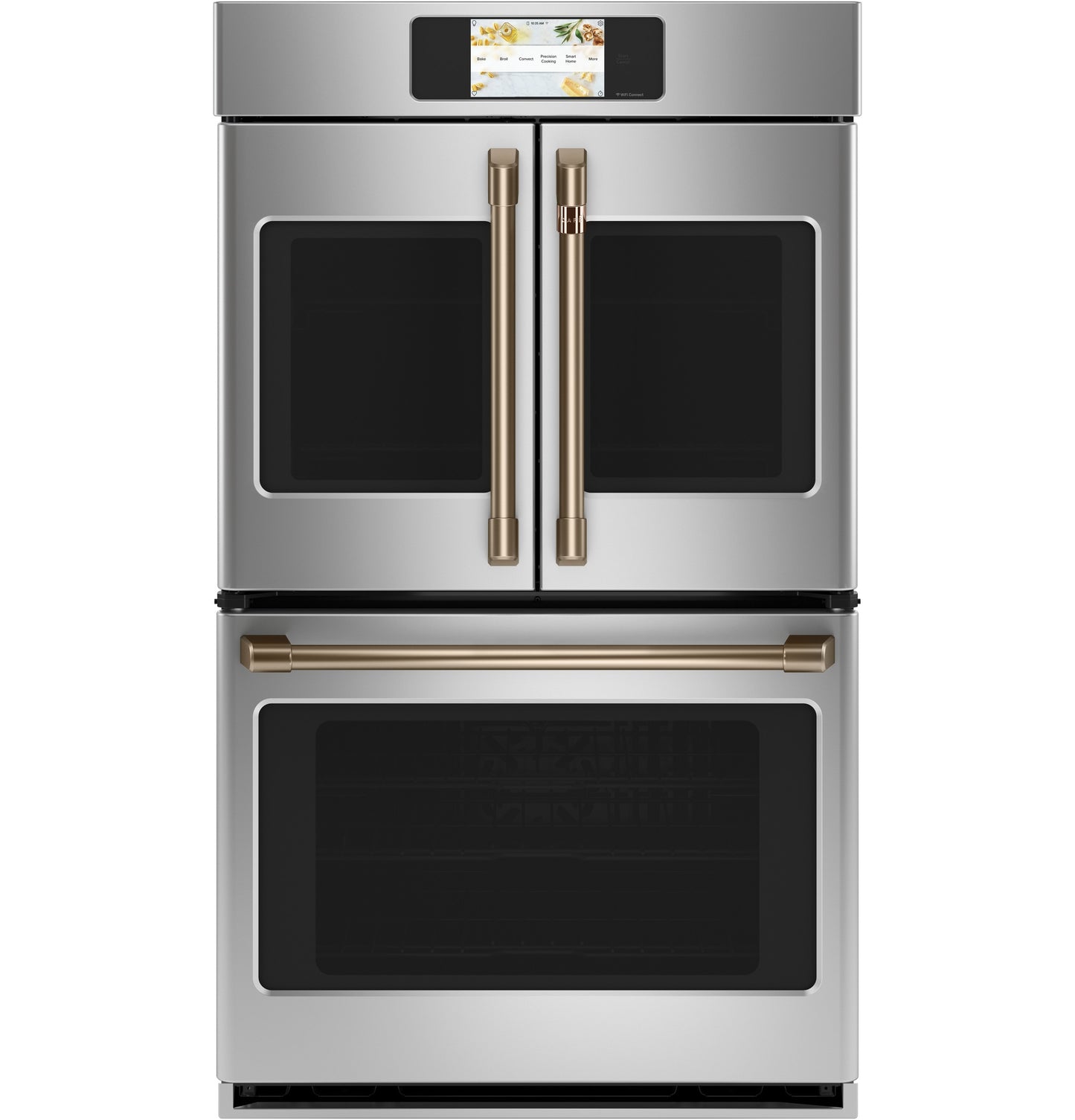 Stainless steel built-in French-door double wall oven with digital touchscreen control in modern kitchen setting