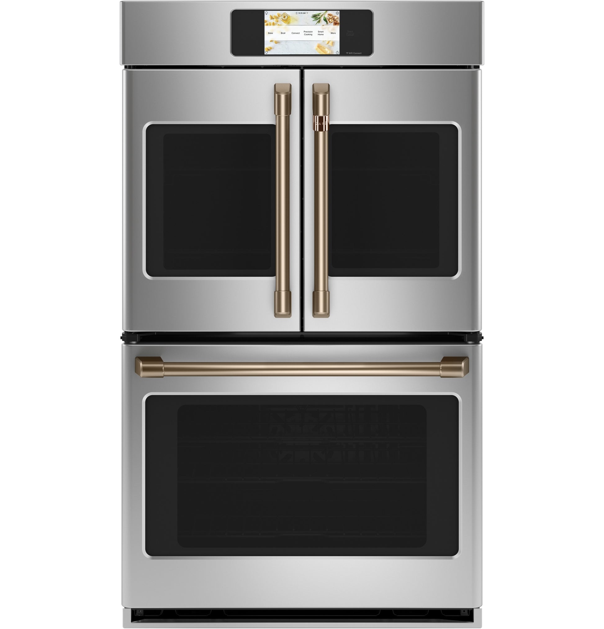 Stainless steel built-in French-door double wall oven with digital touchscreen control in modern kitchen setting