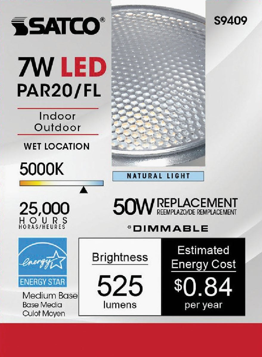 Satco 7W LED medium base floodlight bulb for indoor and outdoor use with 5000K natural light and 525 lumens brightness