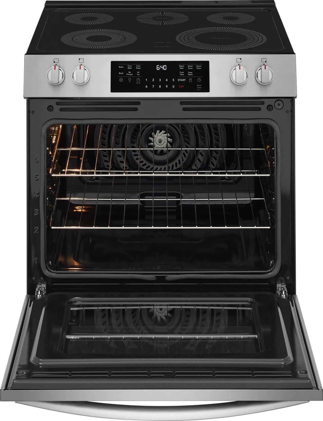 Open front control electric range with total convection oven and multiple cooktop burners in Ranges collection