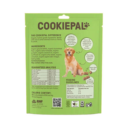 Green resealable bag of organic dog biscuits with pumpkin and chia, featuring feeding guidelines and ingredient details in pet treats collections