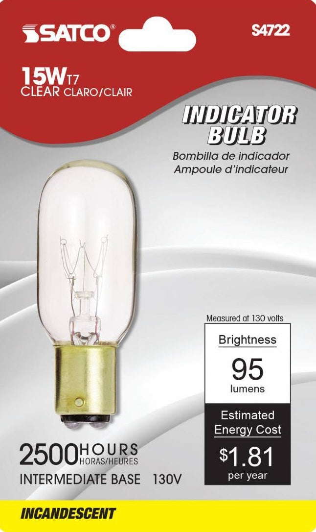 Clear 15 watt T7 incandescent indicator bulb with intermediate base for tools and home improvement use