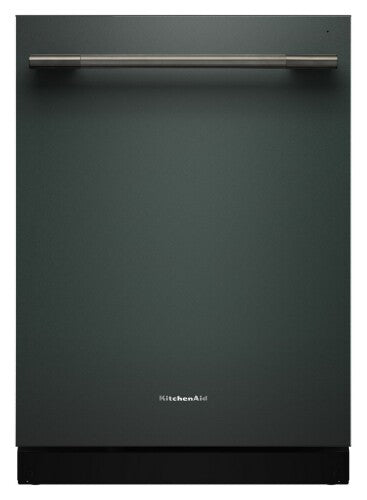 sleek black KitchenAid dishwasher with minimalist handle and subtle brand logo in kitchen appliances collection