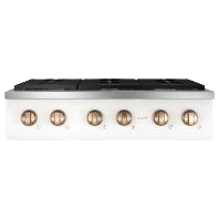 Stainless steel commercial-style gas rangetop with six burner knobs from kitchen appliances and cooktops collection