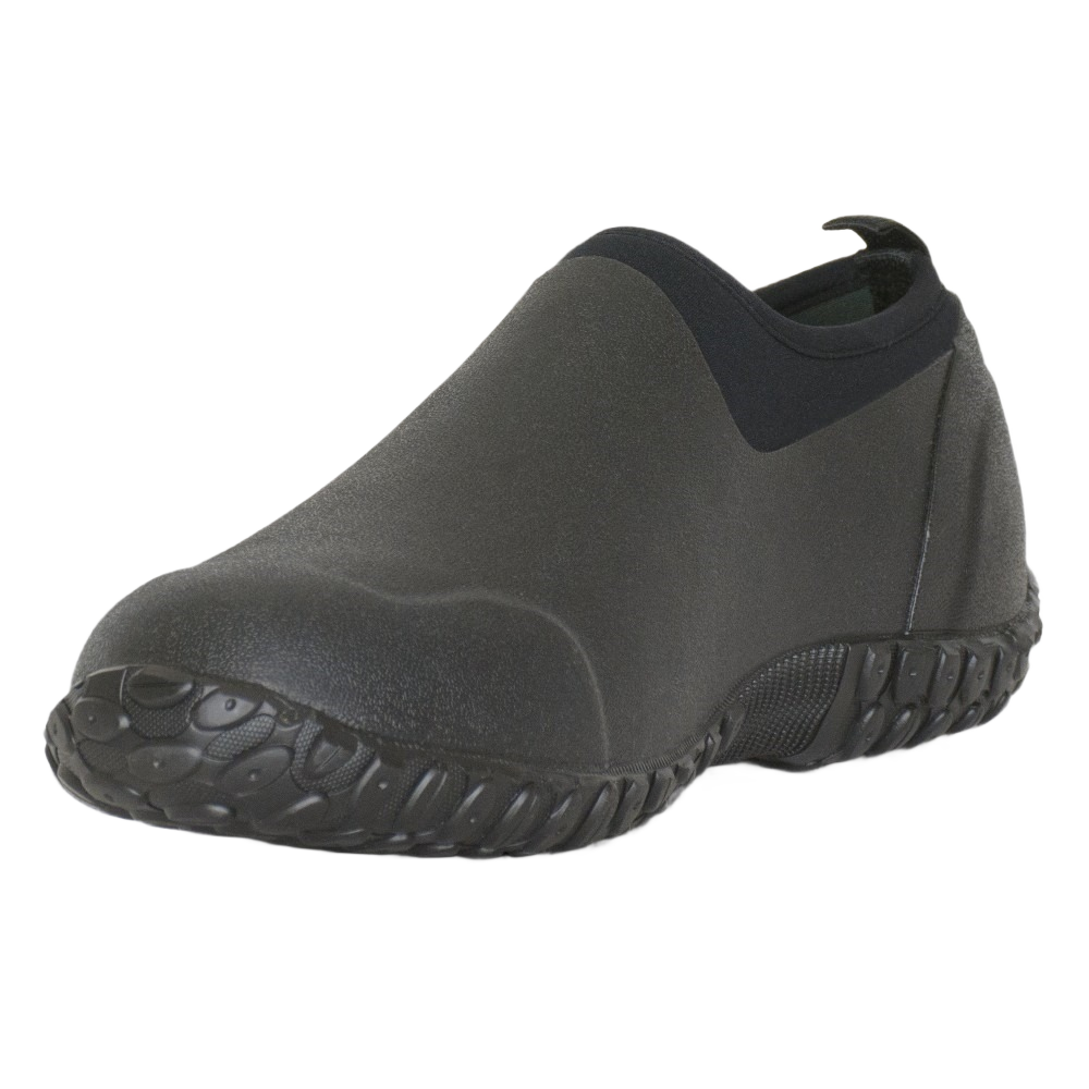 Black low-cut waterproof boot with textured sole for outdoor use and home improvement tasks