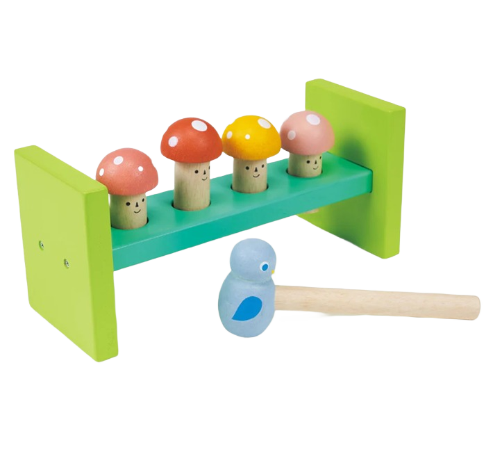Wooden toy hammer with colorful mushroom pegs in a green and blue frame for children's play and learning