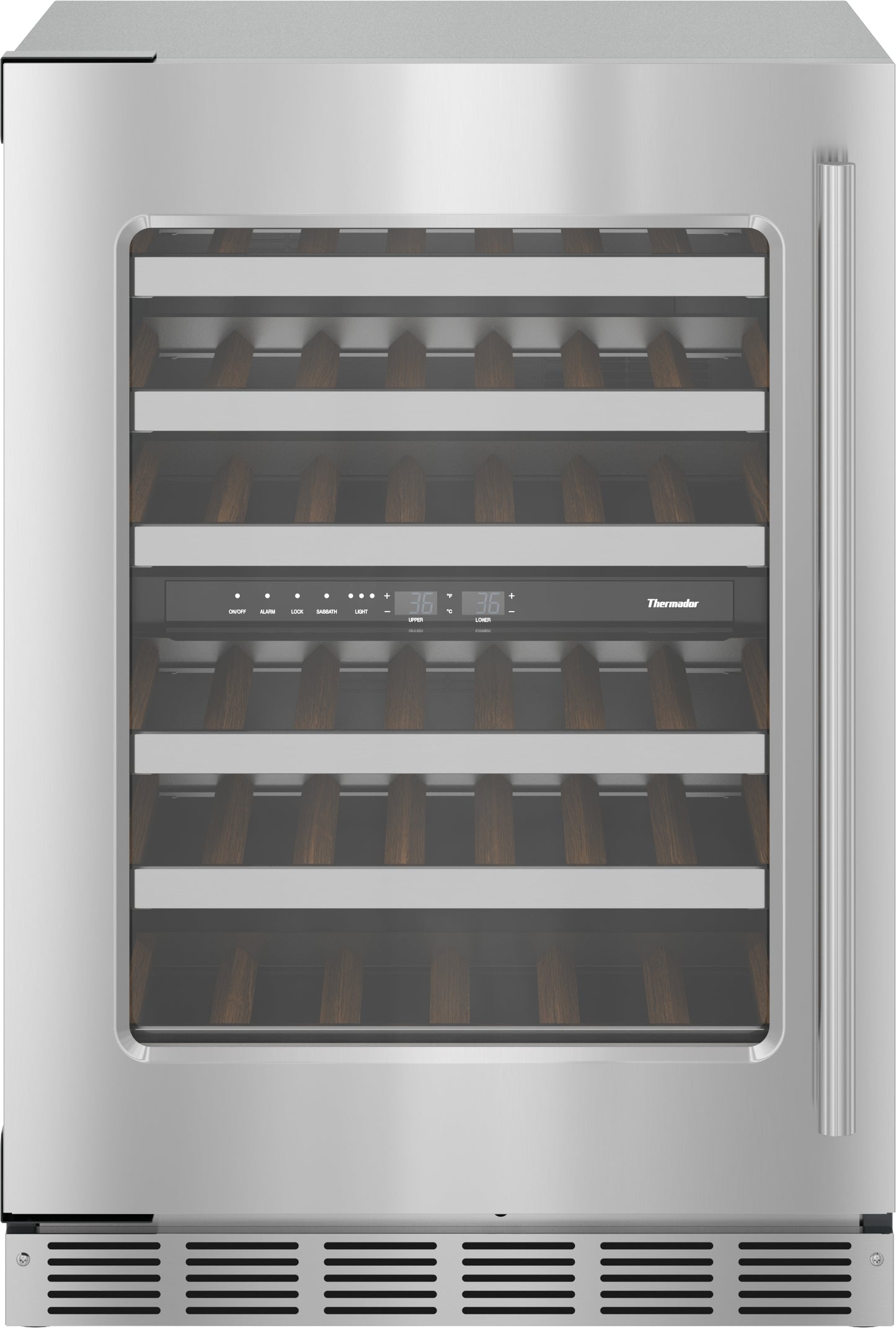Under counter stainless steel wine cooler with glass door and digital controls from Thermador appliances collection