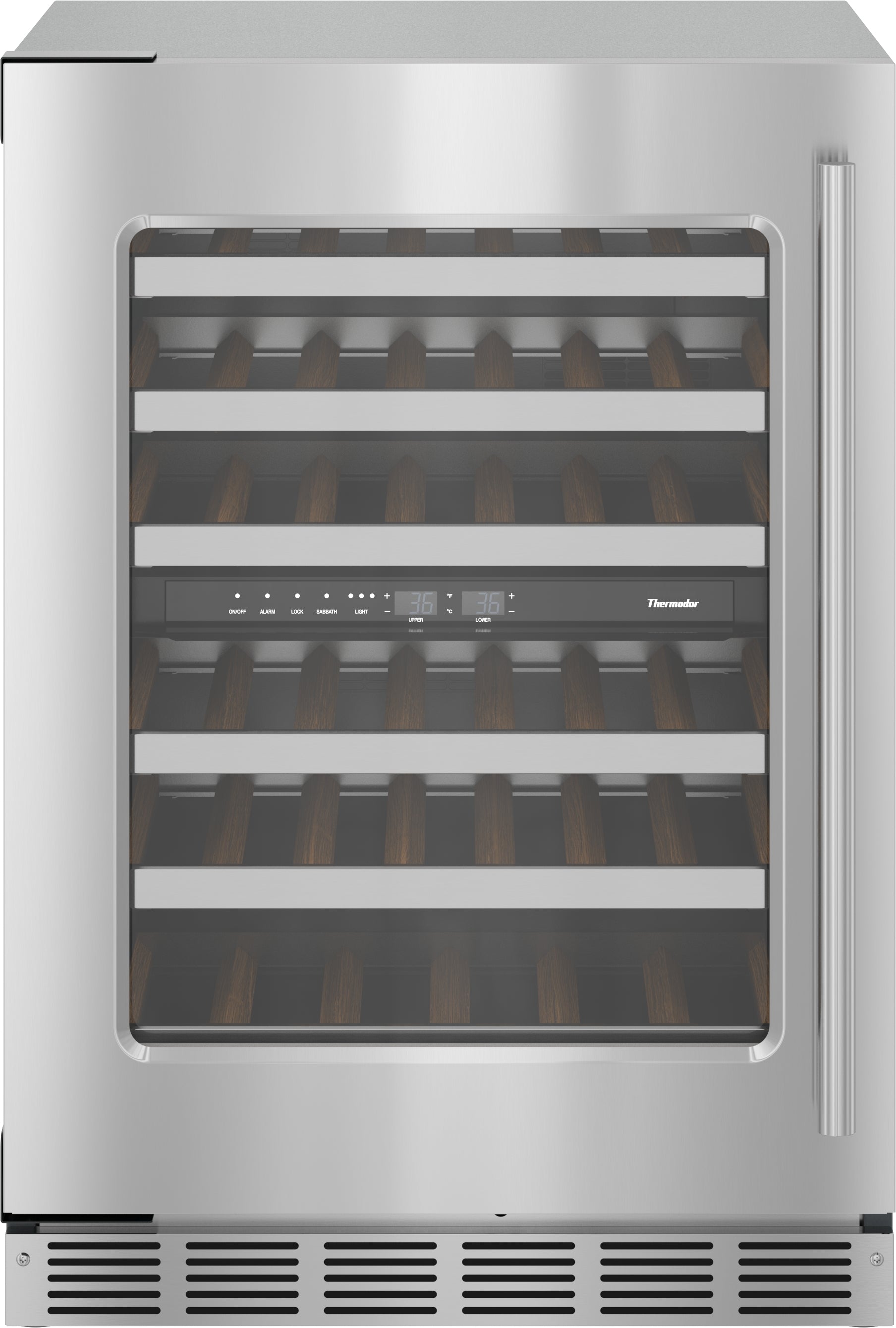 Under counter stainless steel wine cooler with glass door and digital controls from Thermador appliances collection