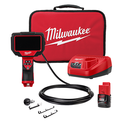 Portable red inspection camera kit with flexible cable, rechargeable battery, and zippered carrying case for home improvement tools