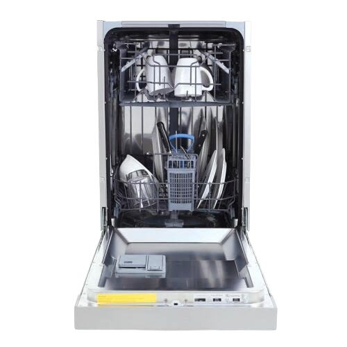 Compact built-in dishwasher open with kitchenware including mugs, plates, and utensils inside in appliance setting