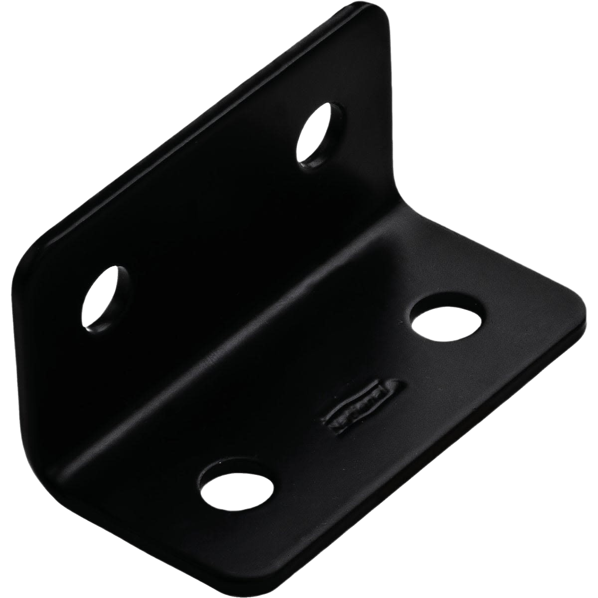 Black heavy duty wide corner brace with pre-drilled holes for securing and reinforcing furniture or building structures