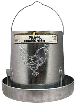 Galvanized metal hanging poultry feeder with 15-pound capacity and chicken design for farm and home use