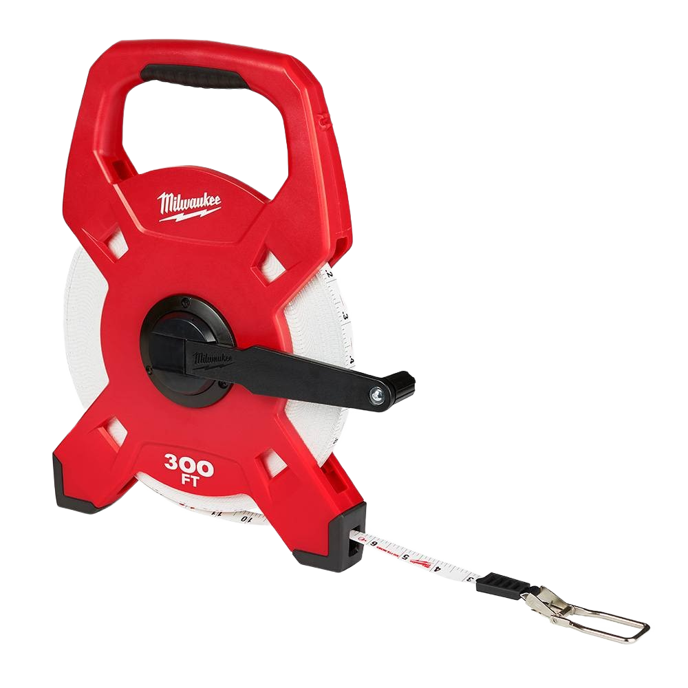 Red Milwaukee 300-foot fiberglass open reel long tape with crank handle for measuring and woodworking tools under $100 collection