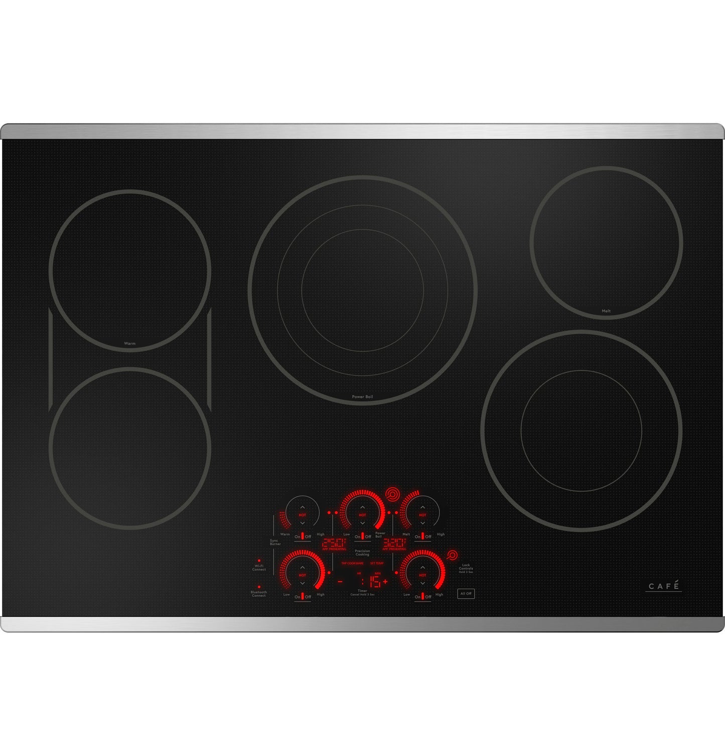Black electric cooktop with five radiant heating zones and touch controls in cooktops and kitchen appliances collection
