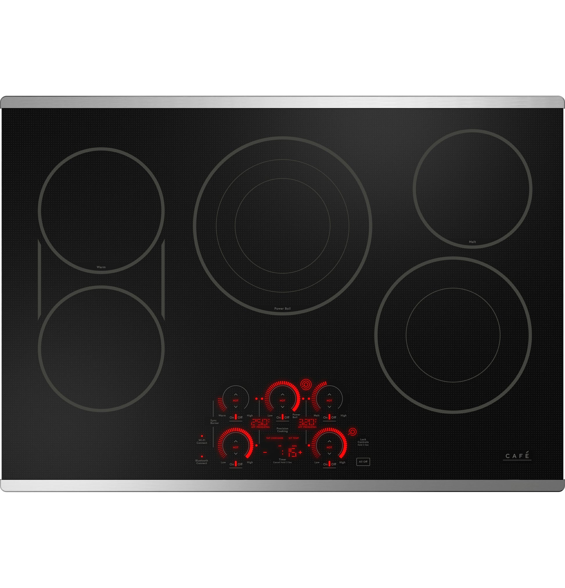 Black electric cooktop with five radiant heating zones and touch controls in cooktops and kitchen appliances collection