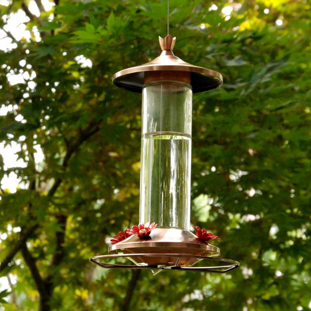 Glass hummingbird feeder with copper top and red flower-shaped feeding ports hanging outdoors among green foliage