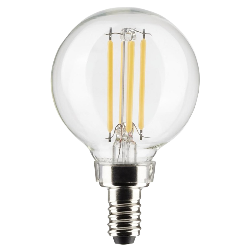 Clear LED light bulb with candelabra base and visible filament design for home improvement lighting needs