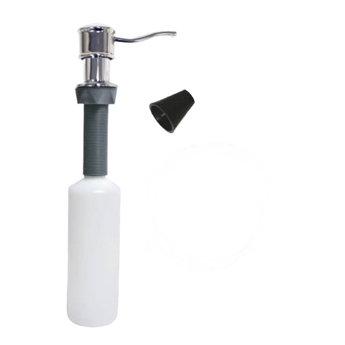 Chrome soap dispenser with curved nozzle, 48-inch hose, and mounting components for plumbing and home improvement use