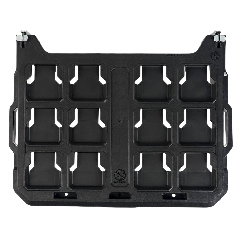 Black sturdy mounting shelf with grid slots and integrated clips for organizing tools in storage and workshop setups