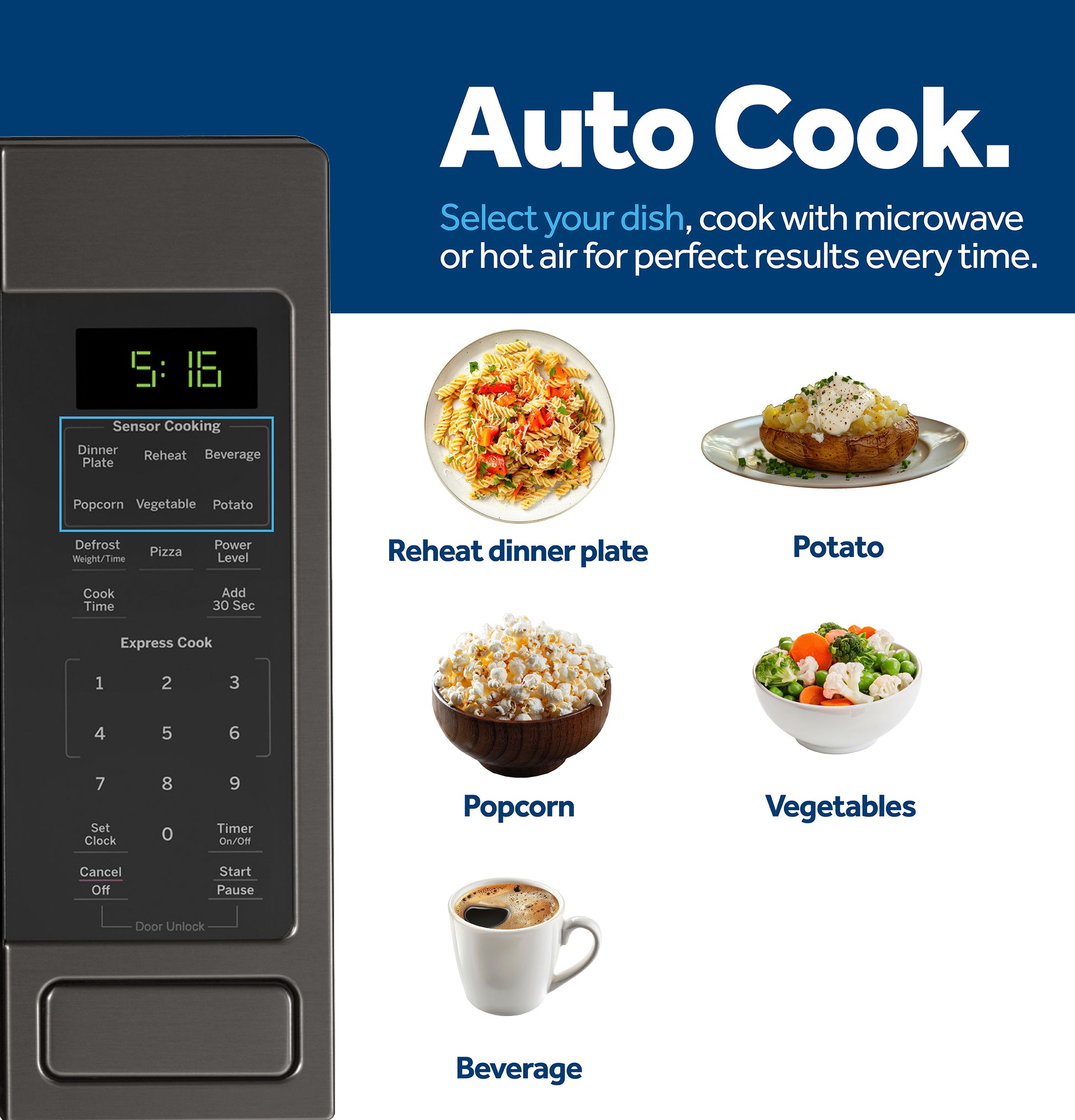 Close-up of microwave control panel highlighting auto cook settings with images of food items for kitchen appliances collection
