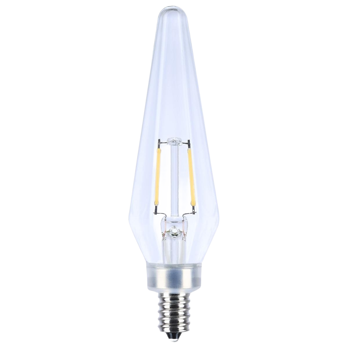 Clear prismatic LED candelabra base bulb with visible filament for energy-efficient indoor lighting and home improvement projects