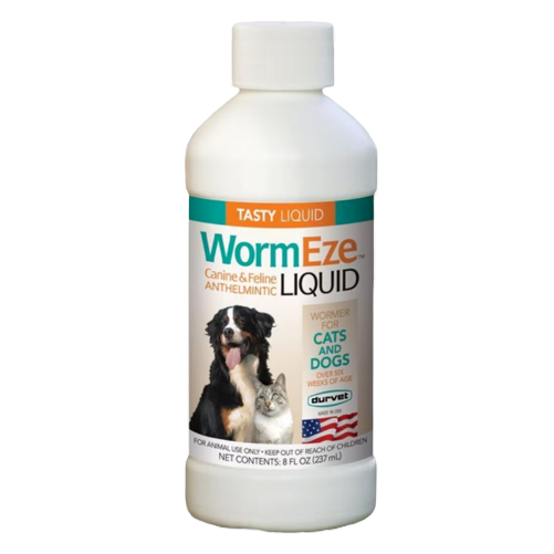 White bottle of liquid wormer medicine for cats and dogs with green and orange label and pet images on front