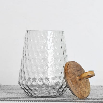 Textured glass canister with natural wood lid for kitchen storage and countertop organization under $50