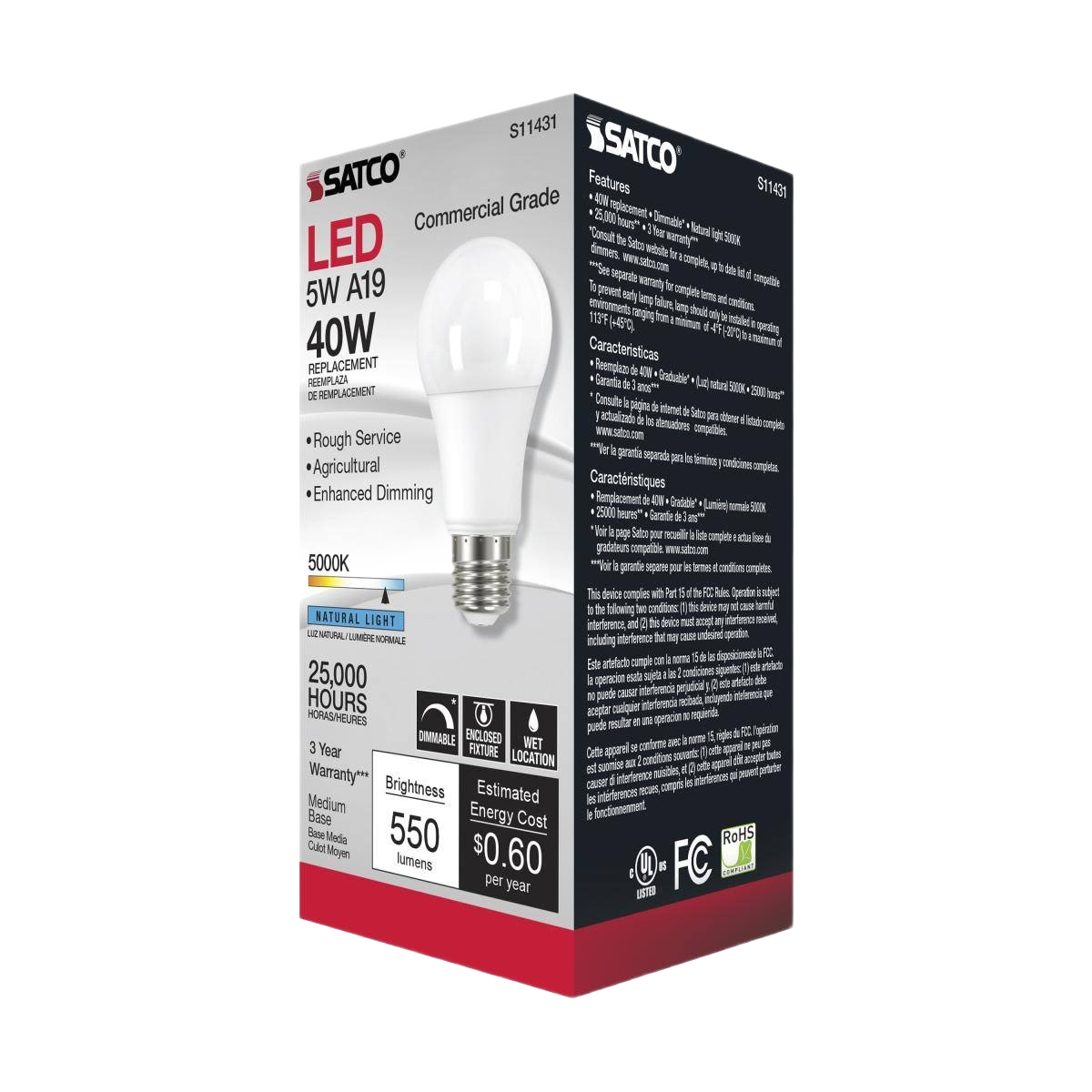 Satco 5W A19 LED bulb with 5000K natural light, dimmable, durable for agricultural and home improvement use