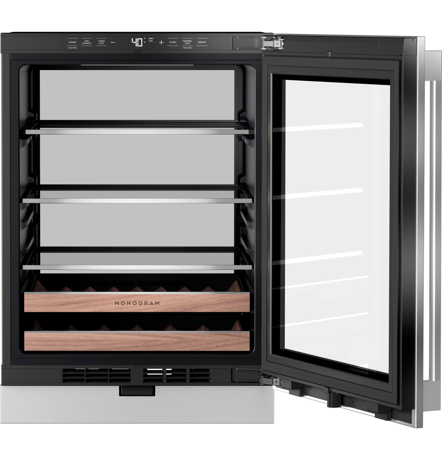 Panel-ready beverage center with open glass door, adjustable shelving, and wood-accent wine racks from beverage centers collection
