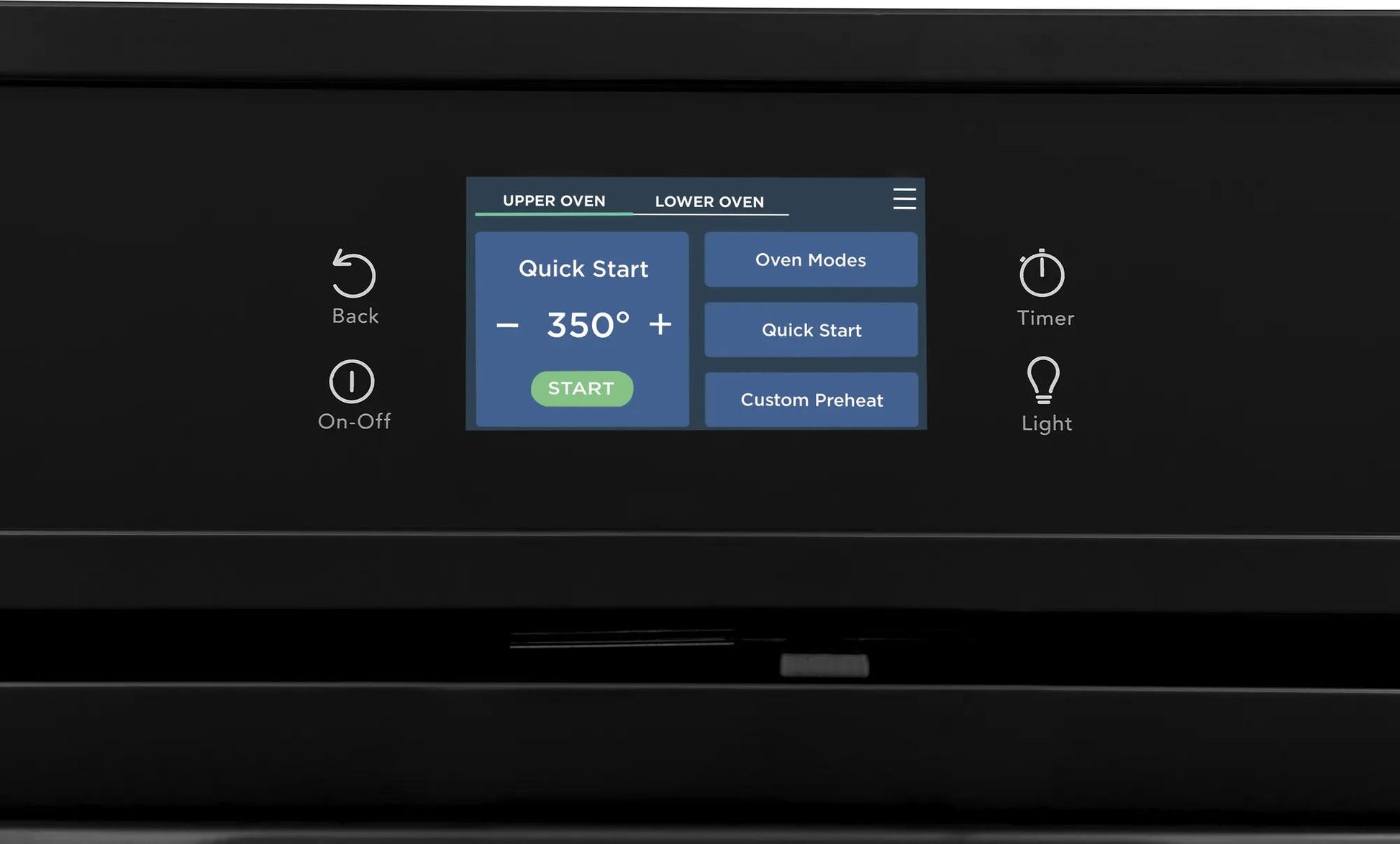 Touchscreen digital control panel displaying oven settings on a black double electric wall oven from kitchen appliances collection