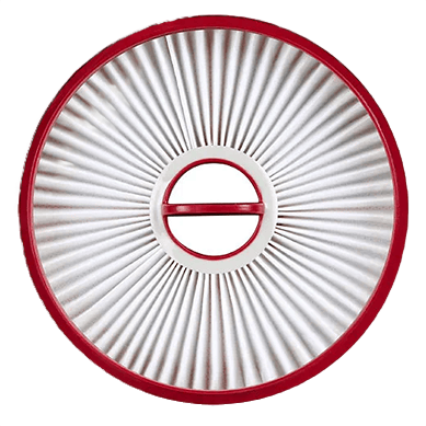 Round white pleated vacuum filter with red plastic frame and central locking mechanism for power tool use