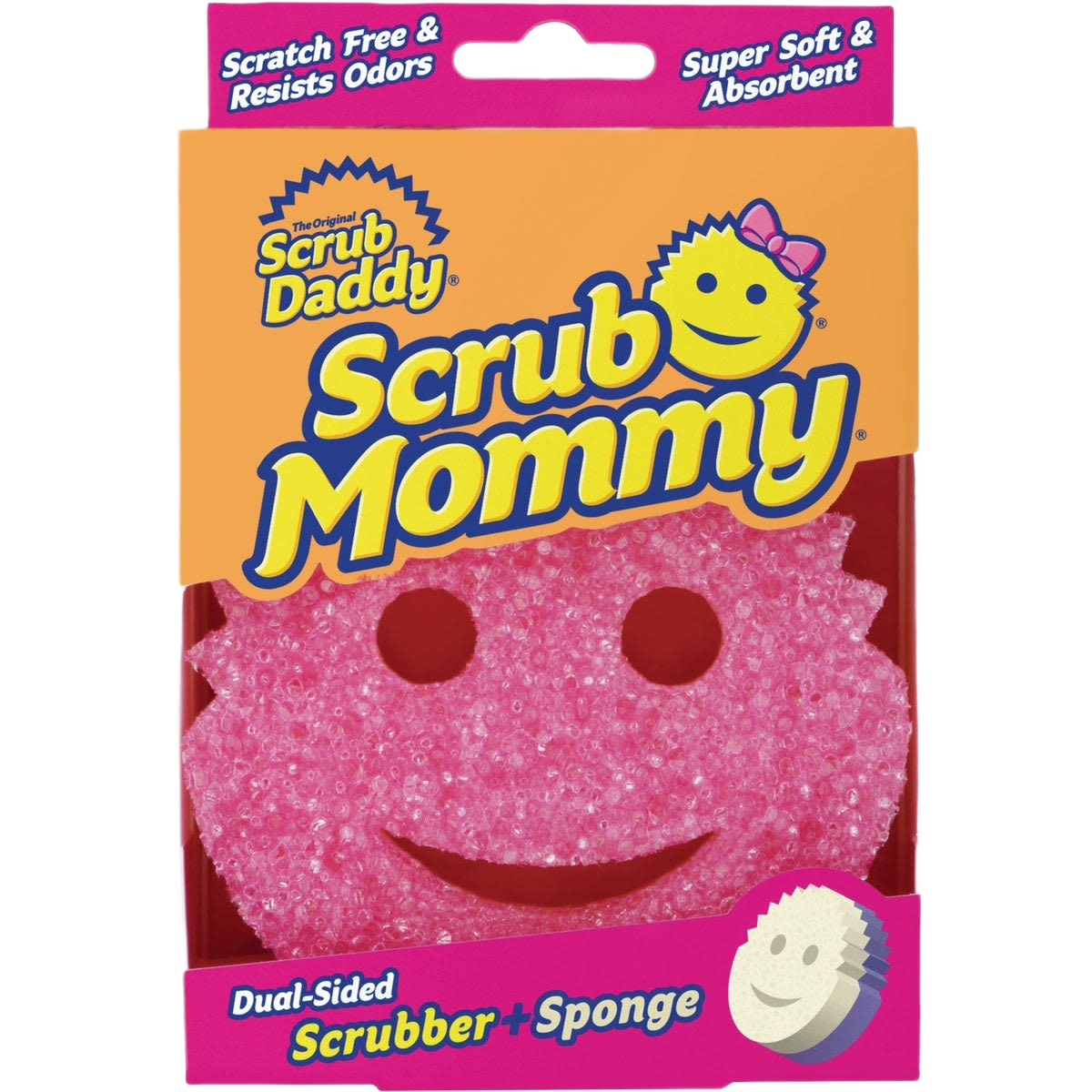 Pink dual-sided scrubber sponge with smiley face design, scratch-free, odor-resistant cleaning tool for home improvement tasks