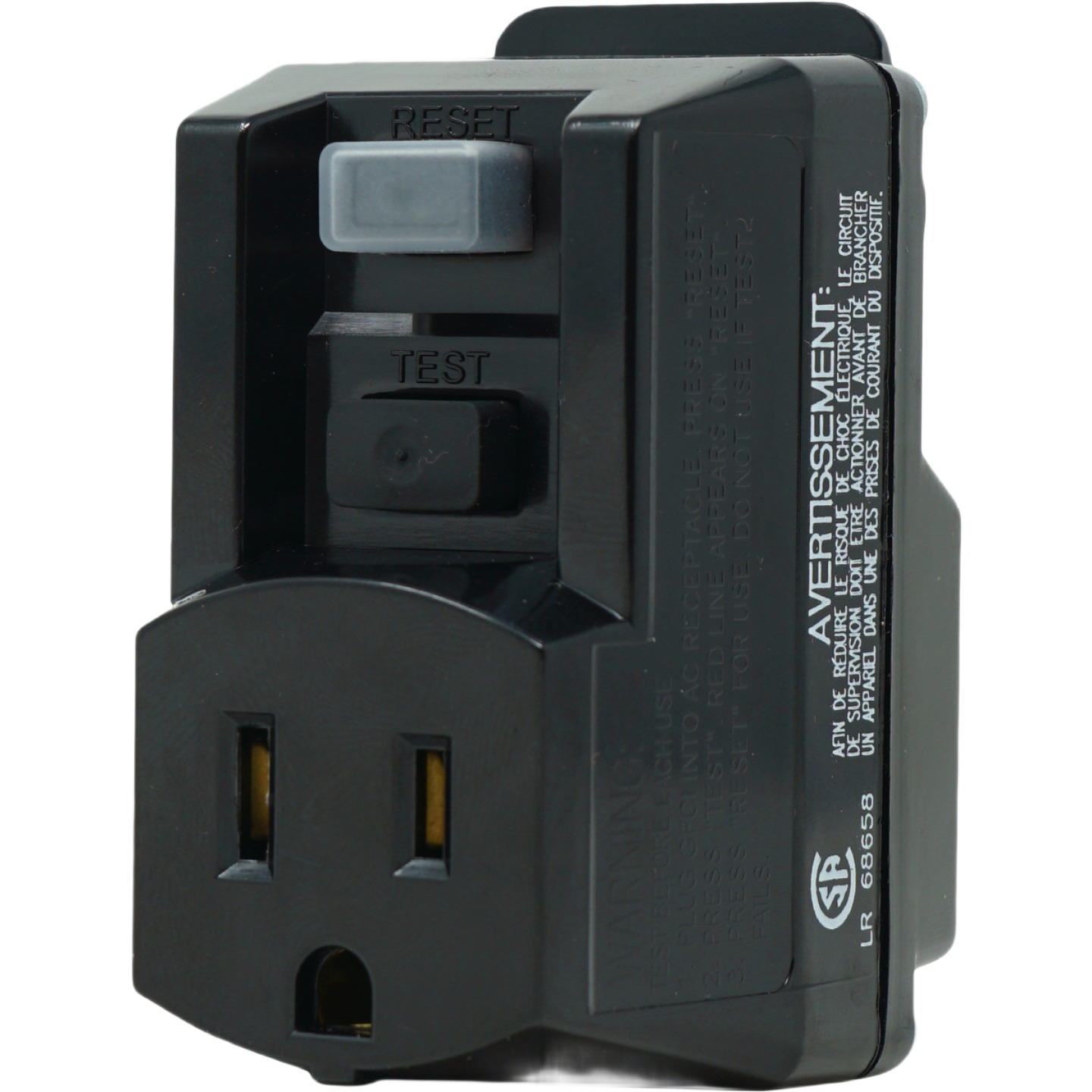 Compact black GFCI adapter with reset and test buttons for portable electrical protection under $50 tools