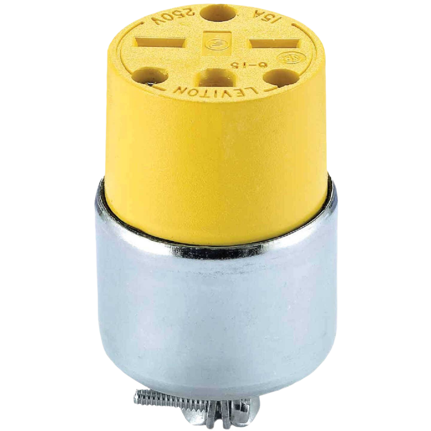 Yellow and silver grounded 15 amp 250 volt armored cord connector for electrical and home improvement use