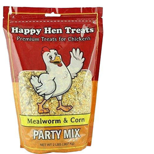 Resealable bag of Happy Hen Treats mealworm and corn blend party mix for feeding chickens