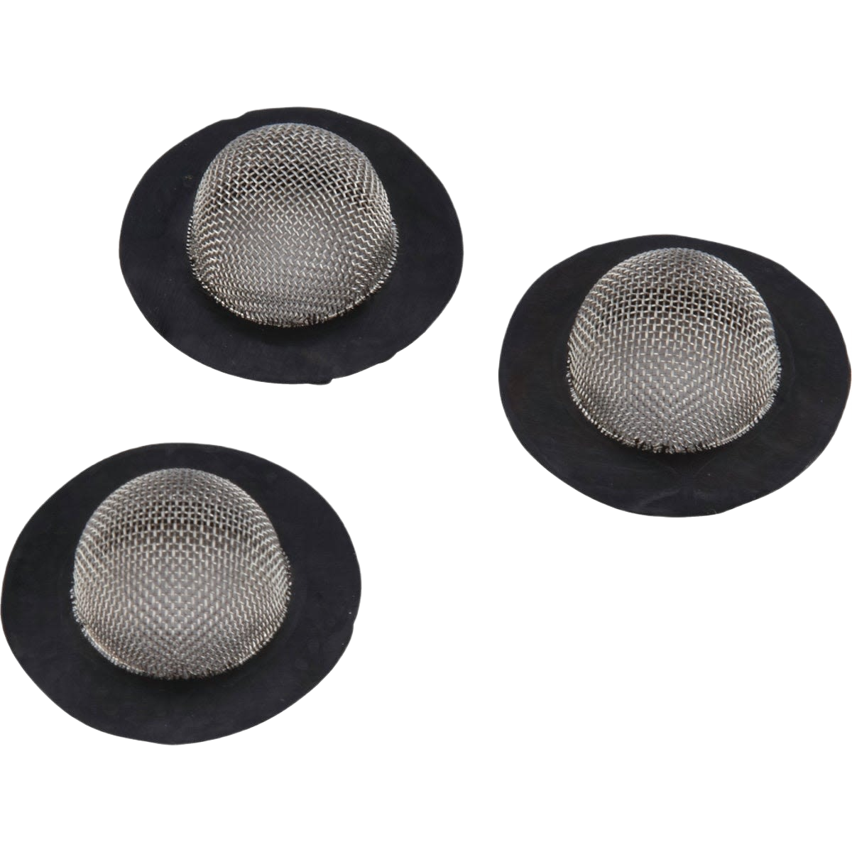 Three circular metal mesh filters with black rubber bases for RV washer maintenance and home improvement tasks