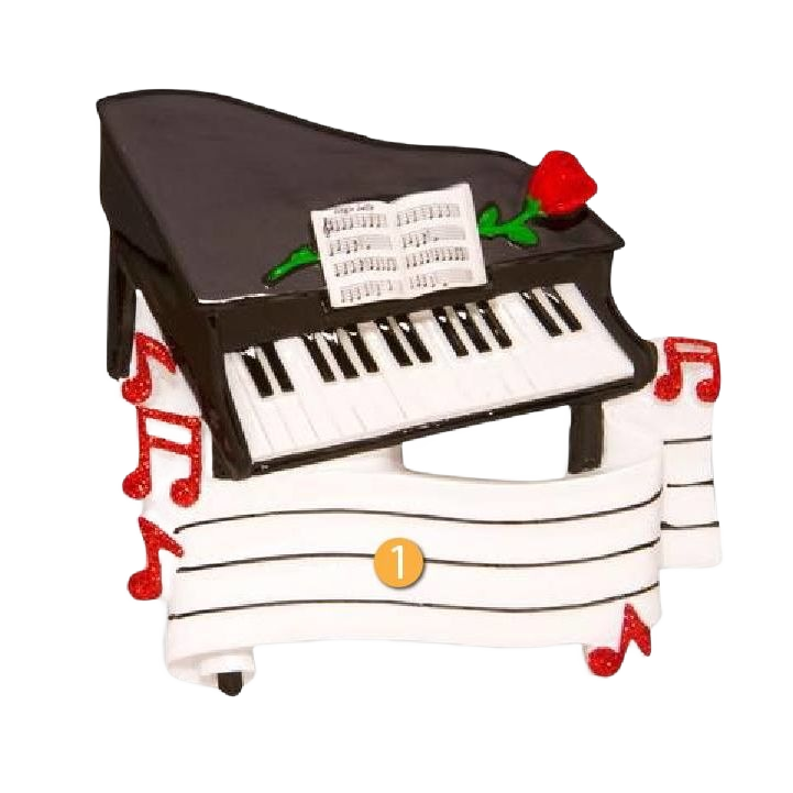 Ornate black piano ornament with musical notes and a red rose for Christmas Ornaments & Tree Decorations under $50