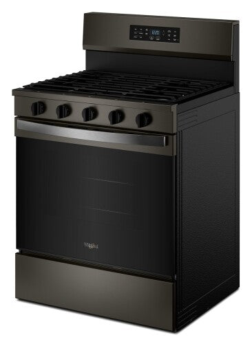 30-inch gas range in black stainless steel with five burner controls, digital display, and hinged grates in kitchen appliances collection