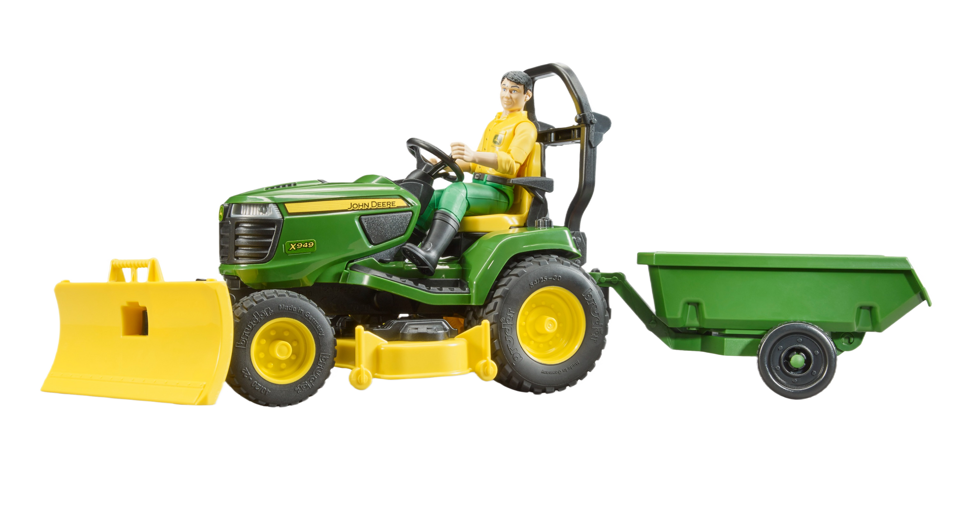 Green and yellow lawn tractor toy with trailer, driver figure, and front blade for outdoor power equipment collections