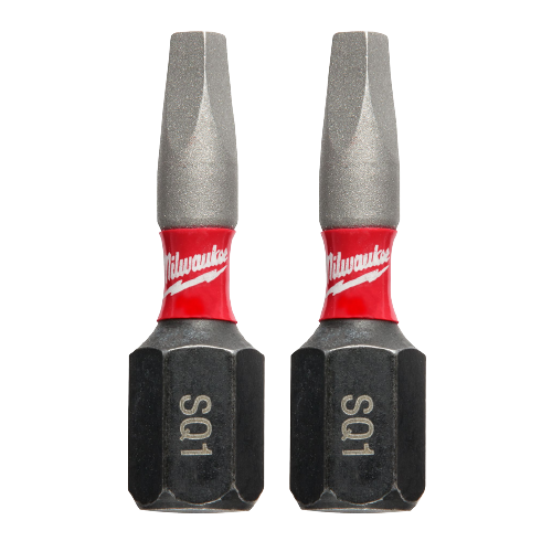 Two Milwaukee SHOCKWAVE™ square driver bits with red band and durable steel for power tool accessories and drill bits collections