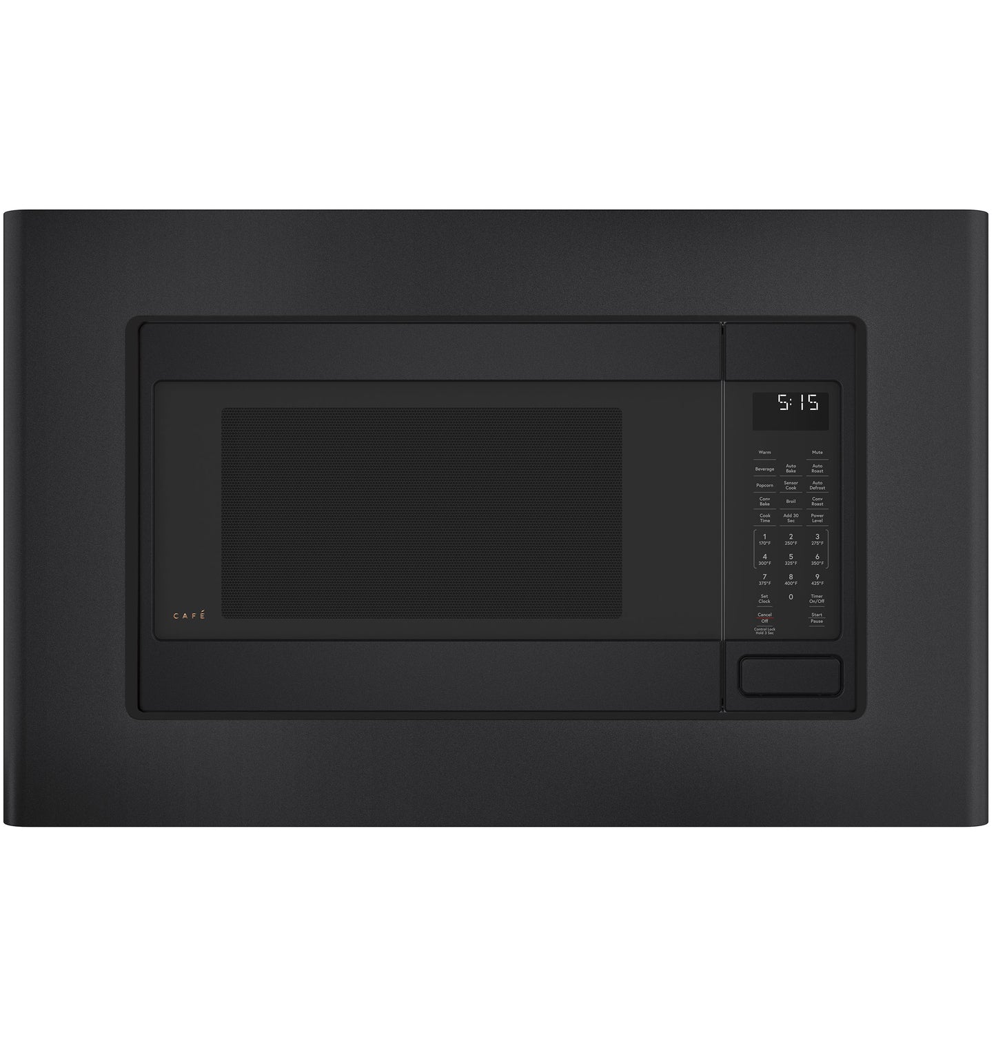 Matte black built-in microwave trim kit with control panel and small digital clock for kitchen appliance upgrades
