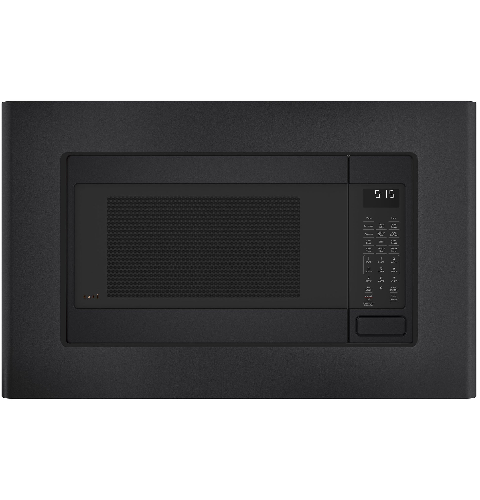 Matte black built-in microwave trim kit with control panel and small digital clock for kitchen appliance upgrades