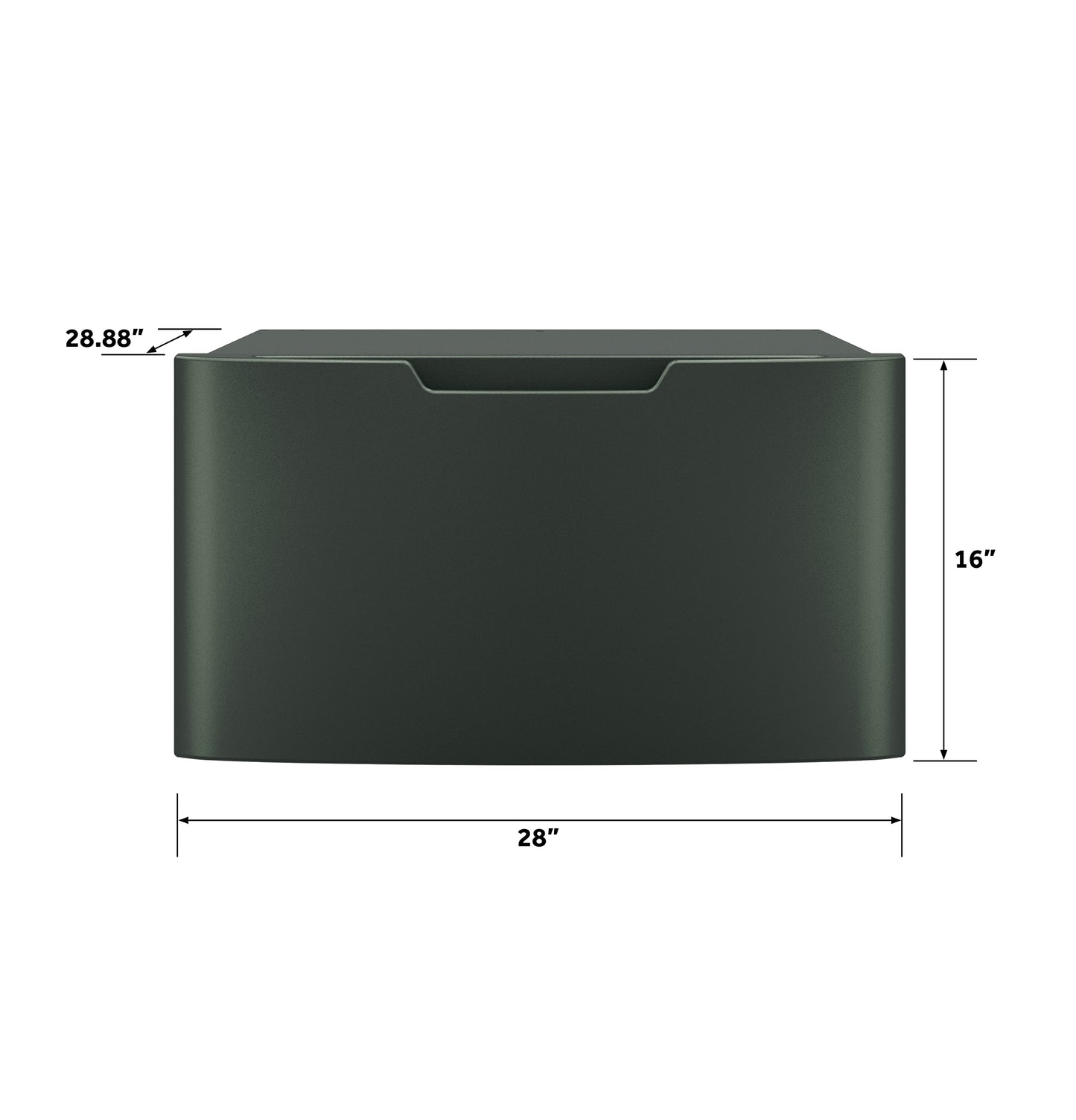 Front view of dark green laundry pedestal with handle groove and dimensions for appliance accessory collection