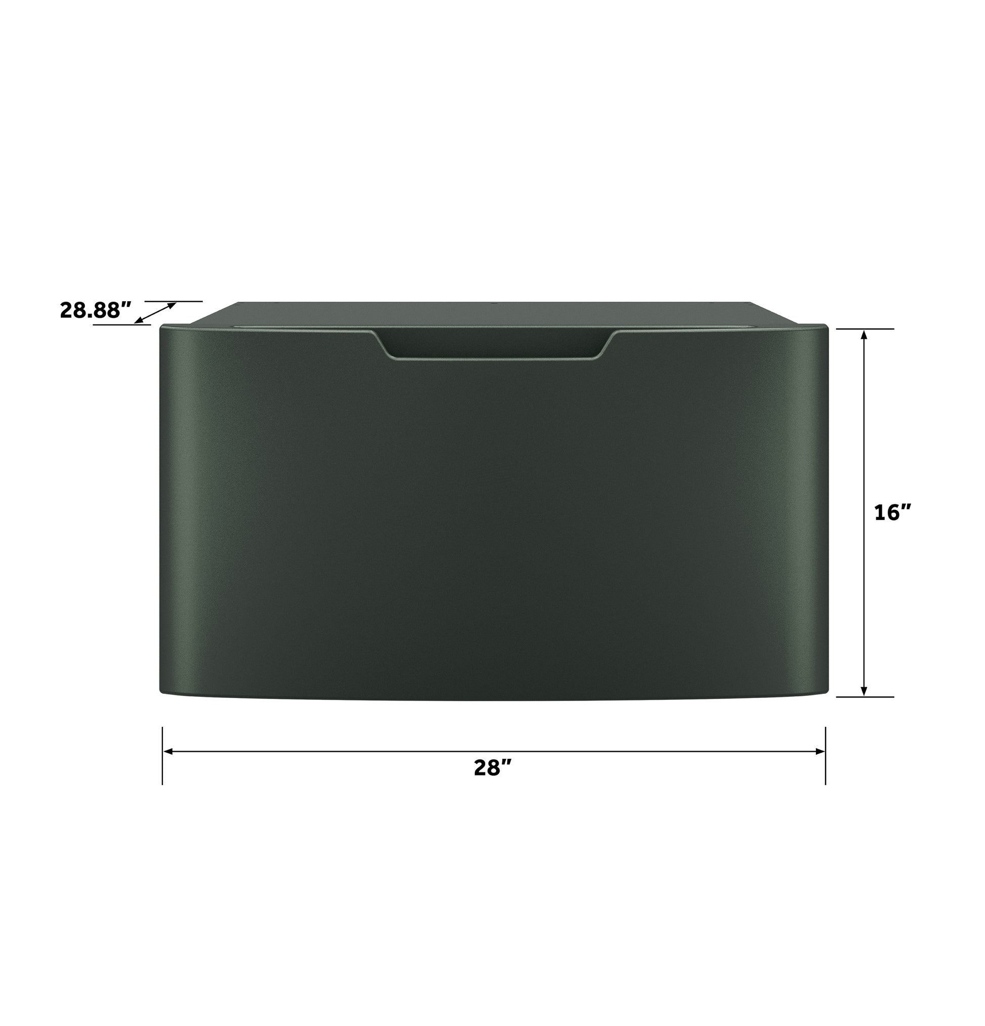 Front view of dark green laundry pedestal with handle groove and dimensions for appliance accessory collection